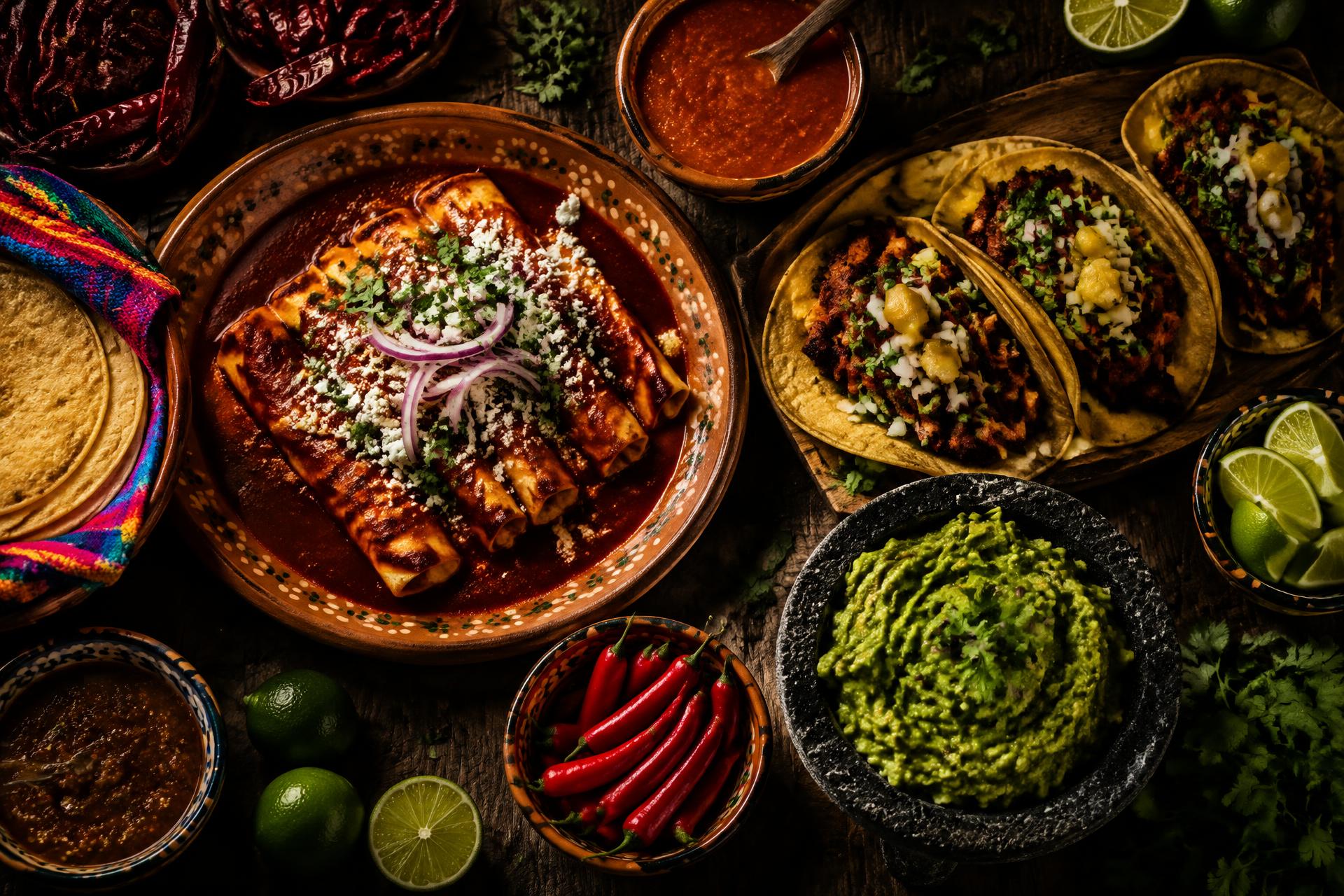 Authentic Mexican feast with tacos, guacamole and salsas